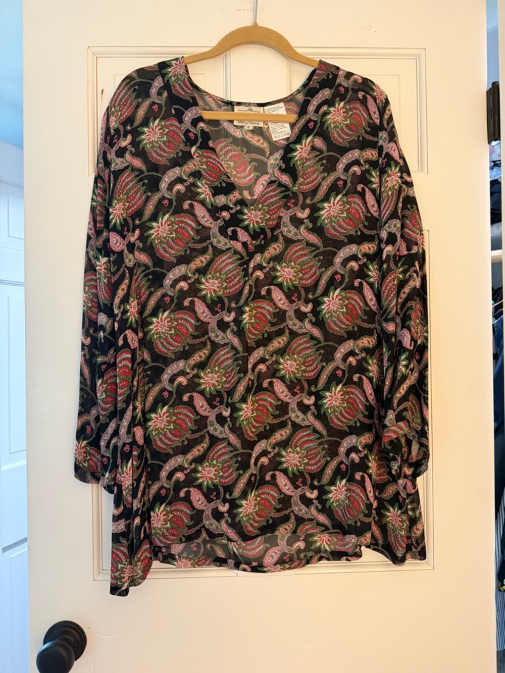 Women's Black Paisley V-Neck Tunic Top with Pink and Green Accents